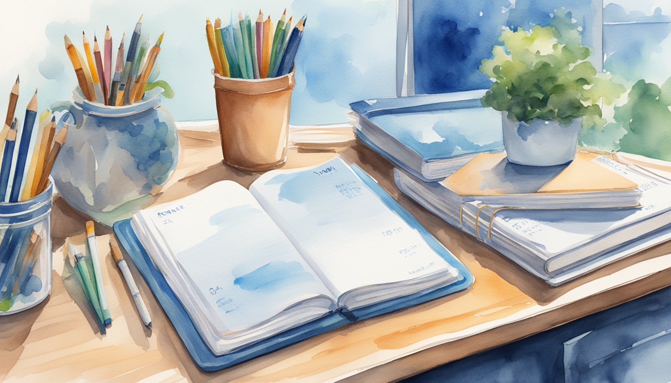 A desk with open Blue Sky planner, textbooks, and study supplies.</p><p>Calendar pages show weekly and monthly layouts.</p><p>High school setting with school logo visible