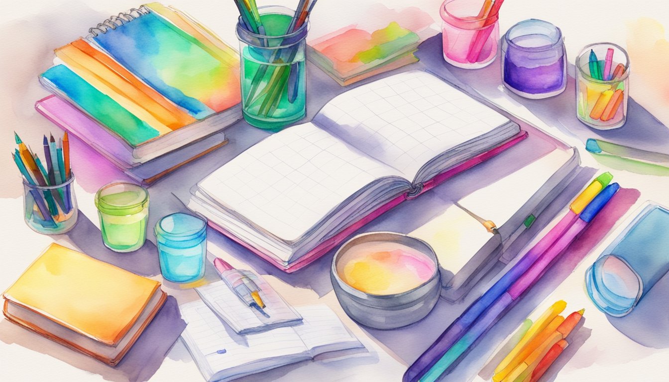 A cluttered desk with open textbooks, colorful highlighters, and a BooQool Planner 8 Study Planner for High School Students