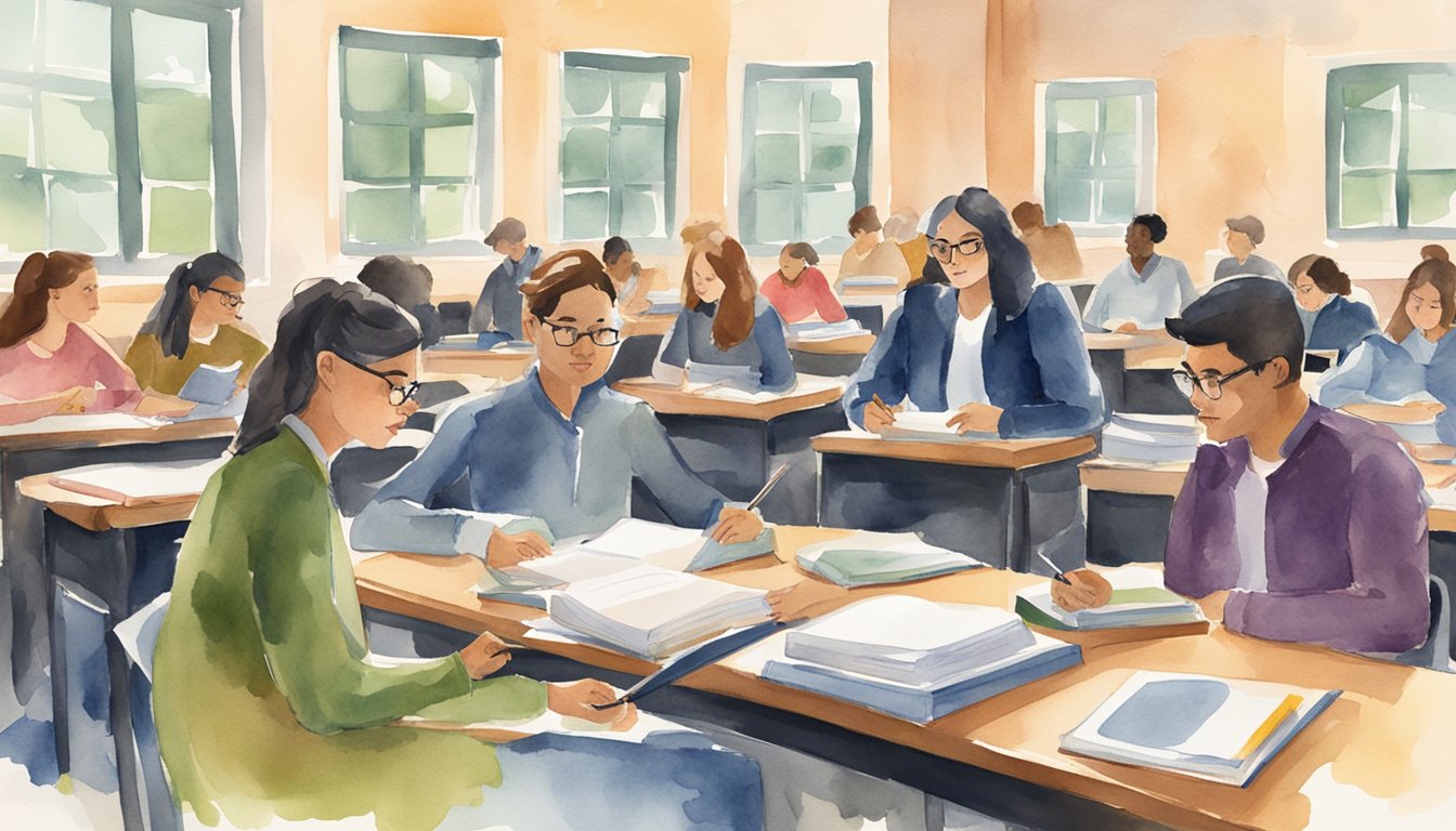 A student sits in a college classroom, surrounded by peers and a professor.</p><p>Textbooks and notebooks are open on the desks, as the students engage in lively discussion and take notes