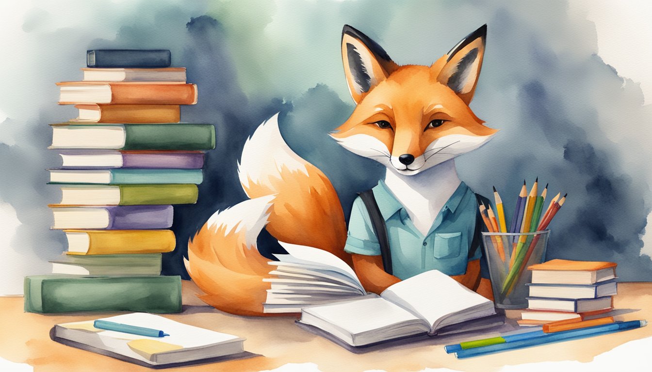 A sleek fox with a stack of study planners, surrounded by books and school supplies.</p><p>The fox appears organized and focused on academic success