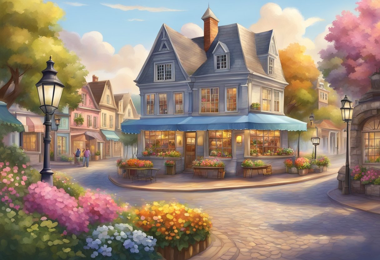 A quaint small town square with a charming antique shop and historic art gallery, surrounded by old-fashioned street lamps and colorful flower gardens