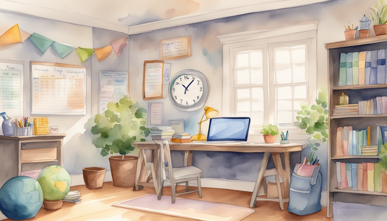 A cozy homeschool room with a clock showing morning hours, a desk with organized school supplies, a whiteboard with core subjects listed, and a schedule chart on the wall