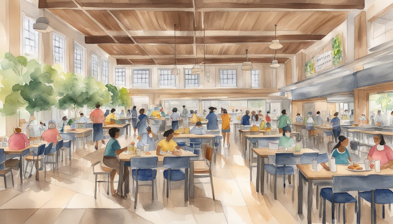 A bustling dining hall with various food stations and seating options.</p><p>Signs display safety guidelines for pandemic dining.</p><p>Students and staff navigate the space with caution