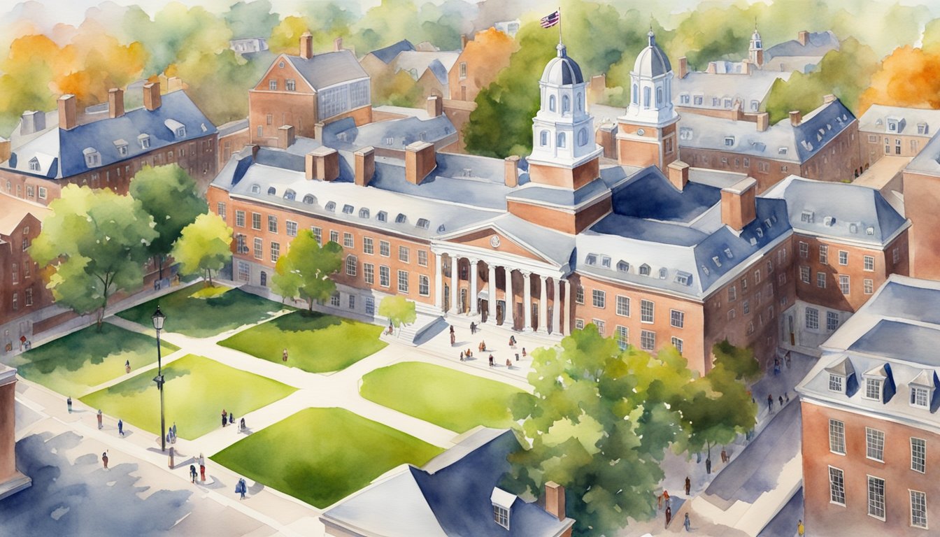 The iconic Harvard University campus with its historic buildings and bustling student activity, showcasing a vibrant academic environment for business majors