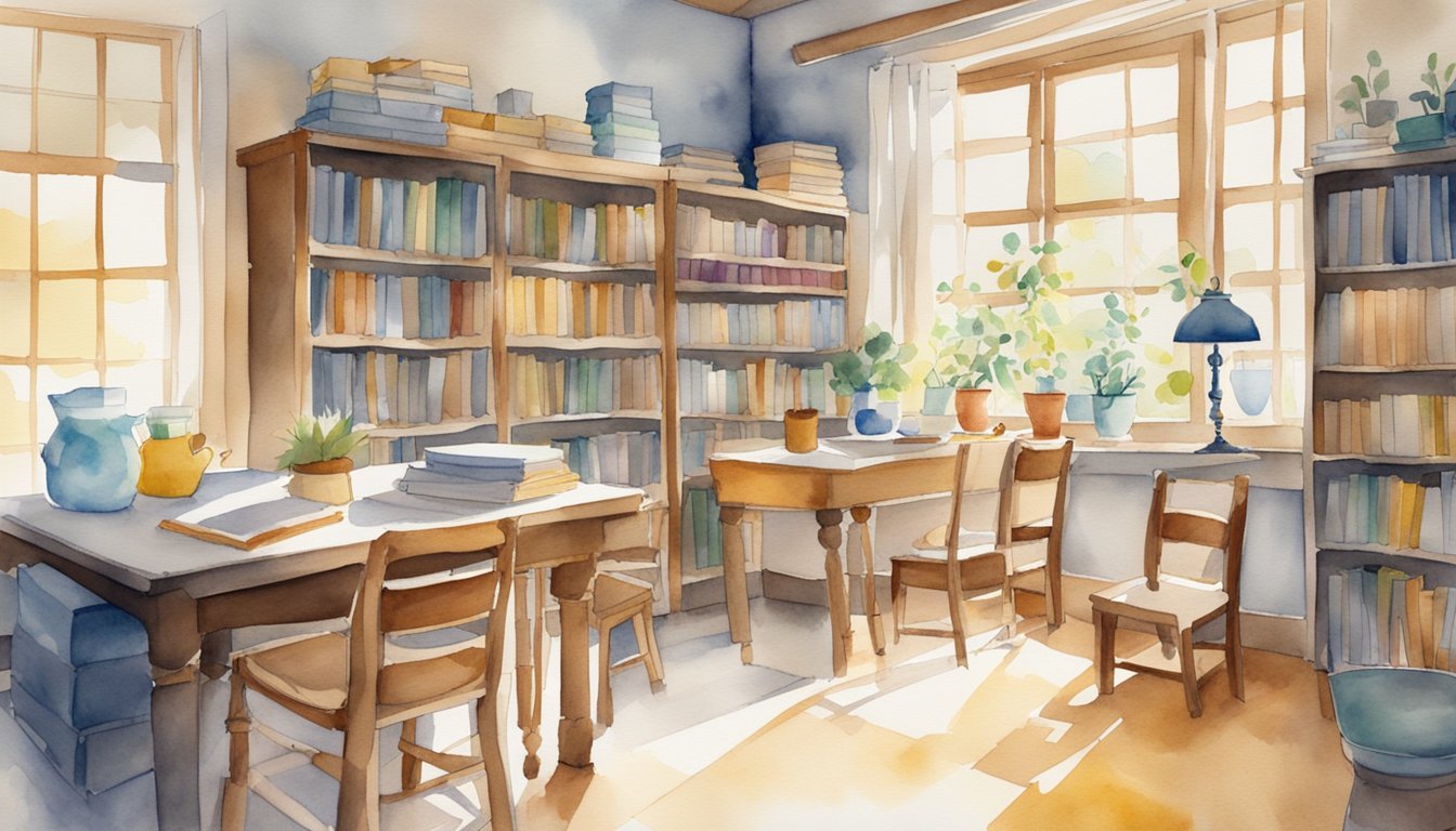 A sunny room with a large table and chairs, surrounded by shelves filled with books and educational materials.</p><p>A calendar on the wall outlines a schedule with designated breaks for physical activity