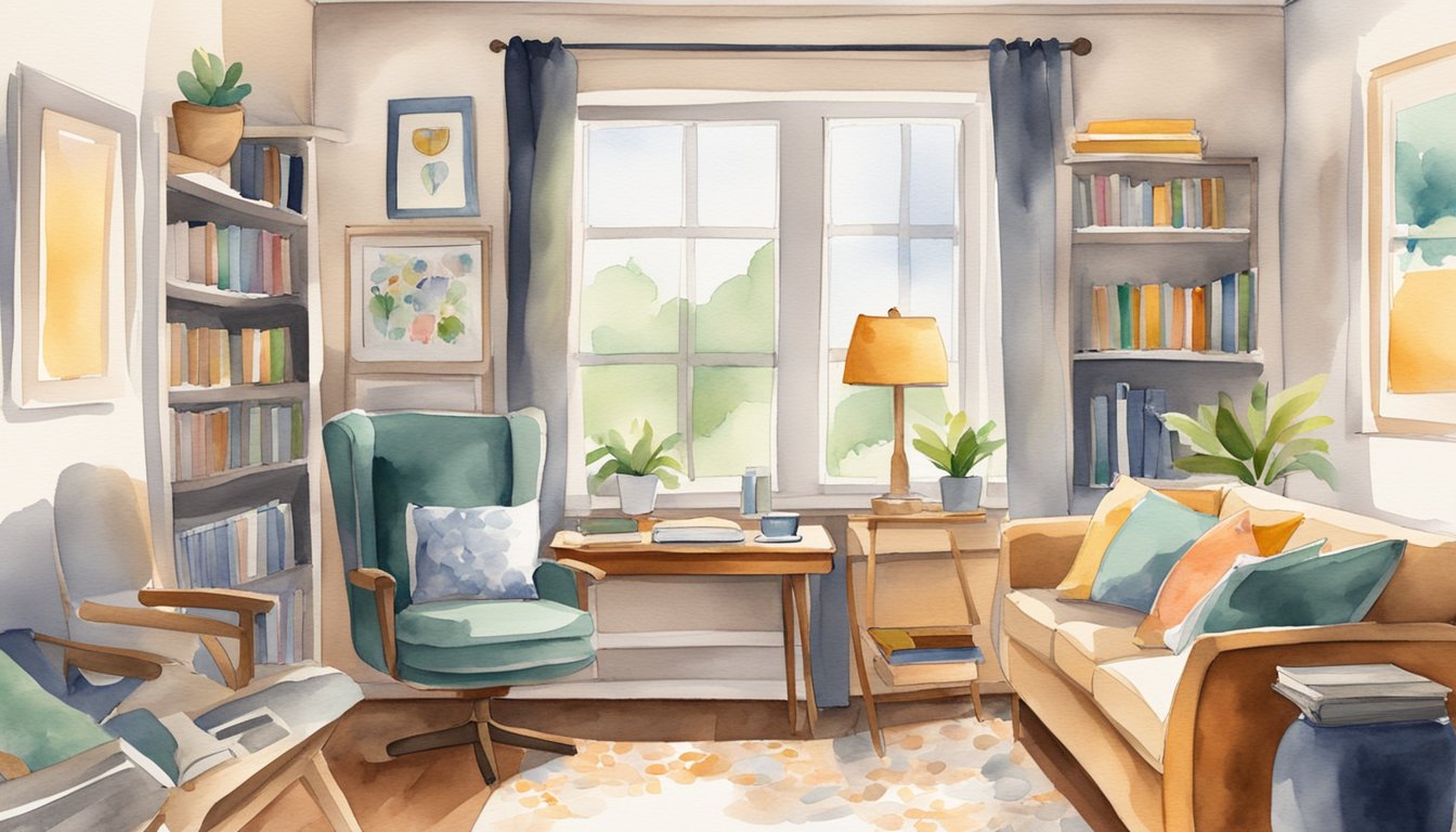 A cozy living room with a large calendar on the wall, a desk with colorful folders and notebooks, and a laptop open to a homeschooling schedule.</p><p>A bright window lets in natural light, creating a warm and inviting atmosphere