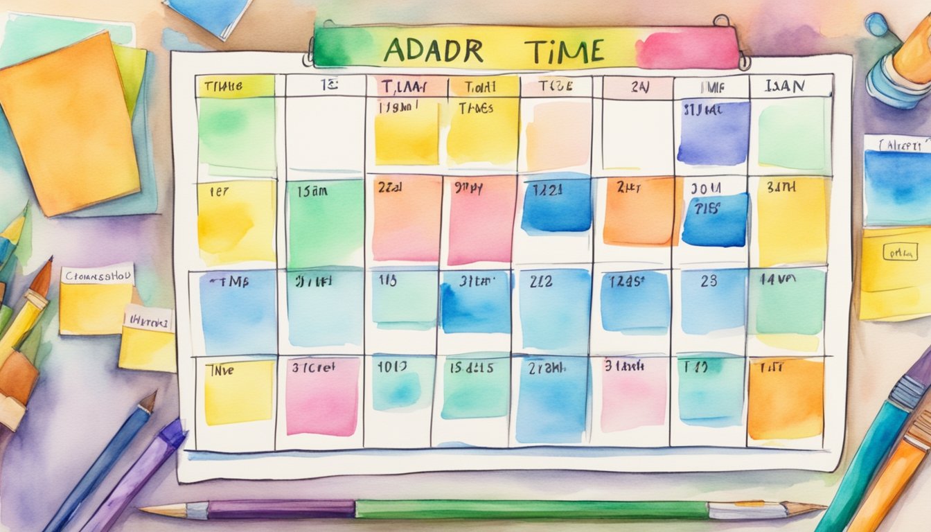 A colorful calendar with labeled time slots for extracurricular activities.</p><p>Tips written neatly on sticky notes surround the calendar.</p><p>A cozy homeschool environment with books and art supplies in the background