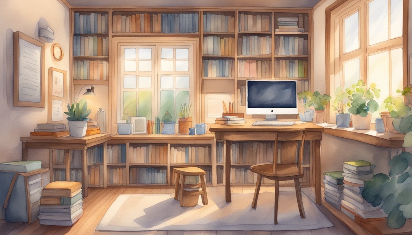 A cozy home with a desk, shelves filled with books and supplies, a calendar on the wall, and a laptop open to a homeschooling schedule