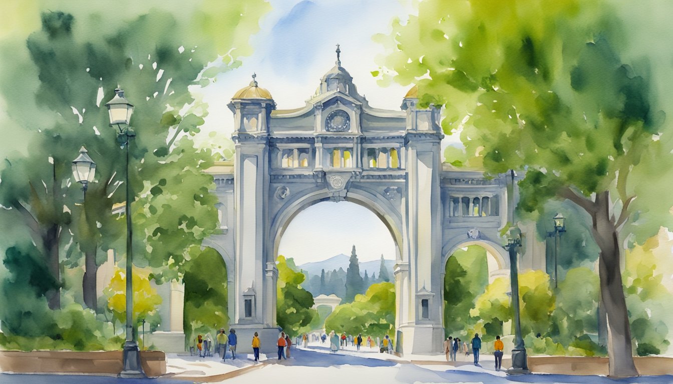 The iconic Sather Gate stands tall, framing the entrance to the University of California, Berkeley.</p><p>The lush green campus is bustling with students, surrounded by historic buildings and modern facilities