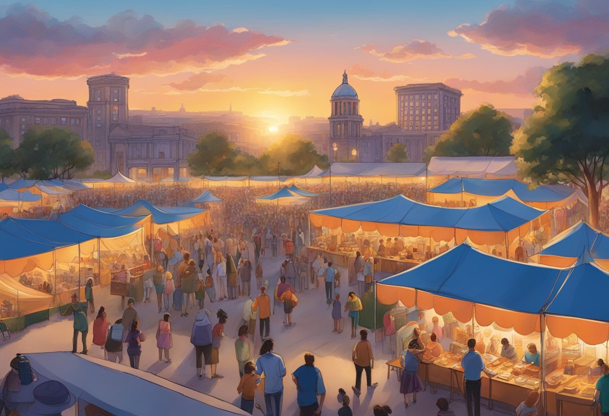 Vibrant tents line the streets, showcasing local art and crafts. Musicians fill the air with lively tunes, while the aroma of delicious food wafts through the crowd. The sun sets, casting a warm glow over the scene