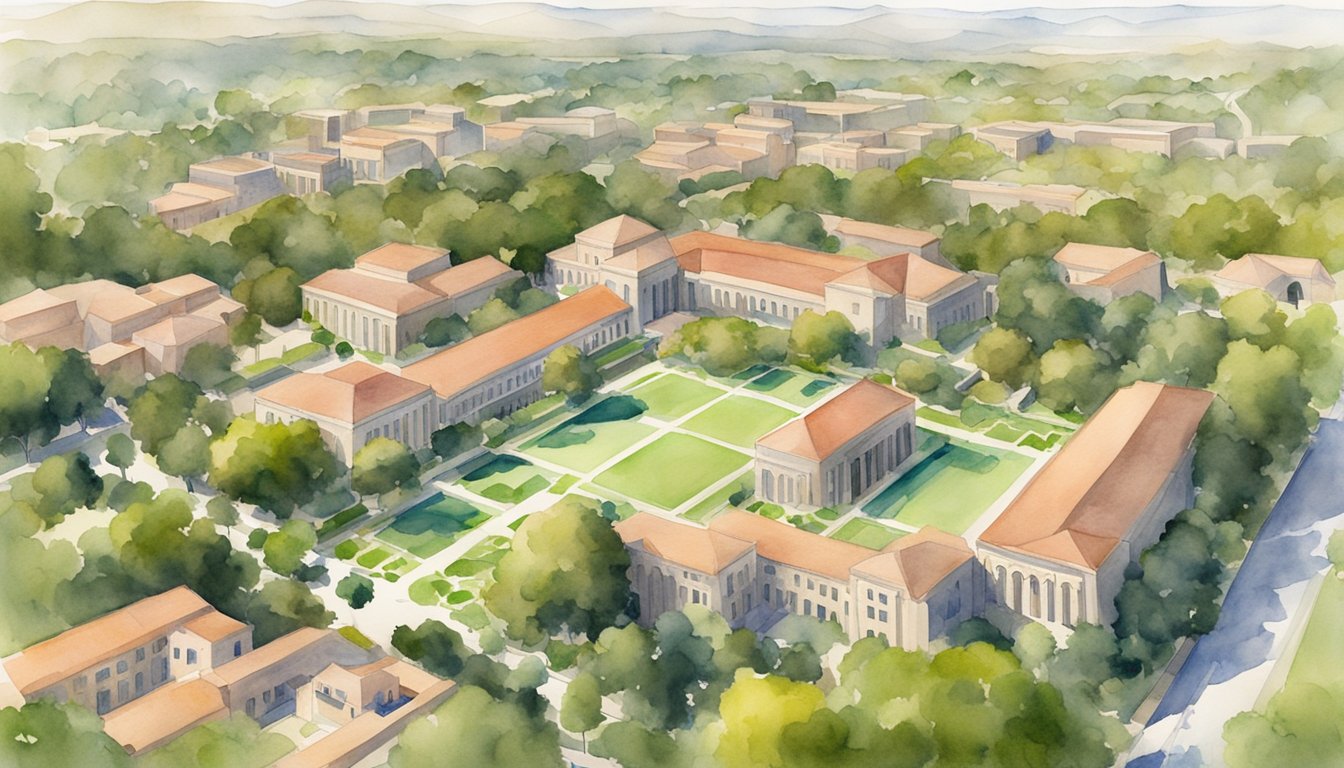 Aerial view of Stanford University's engineering campus with iconic buildings and green spaces