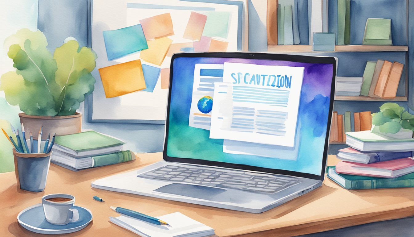 A laptop displaying the Business Foundations Specialization from the University of Pennsylvania on the Coursera platform, surrounded by books and a notepad with the title "7 Best Online Business Courses for Entrepreneurs."