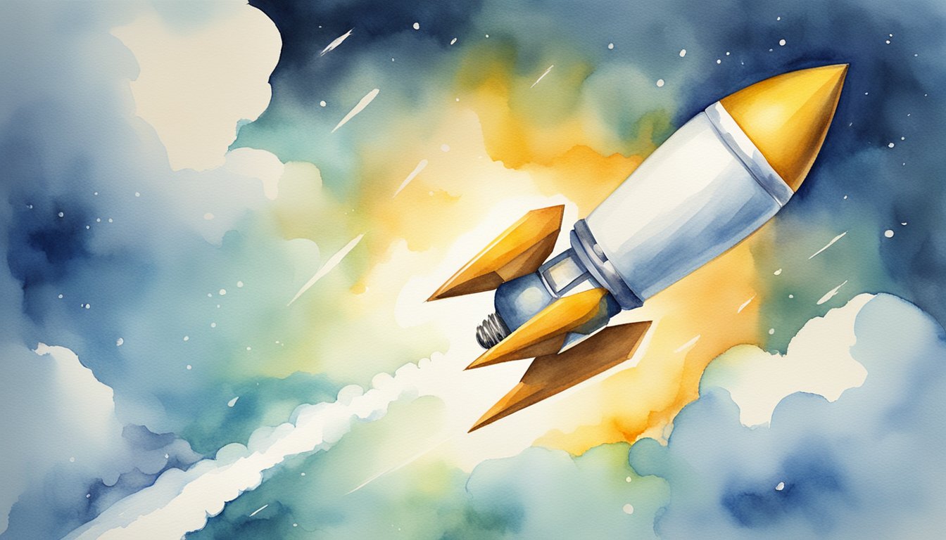 A bright light bulb hovering over a rocket launching into the sky, symbolizing entrepreneurship and innovation