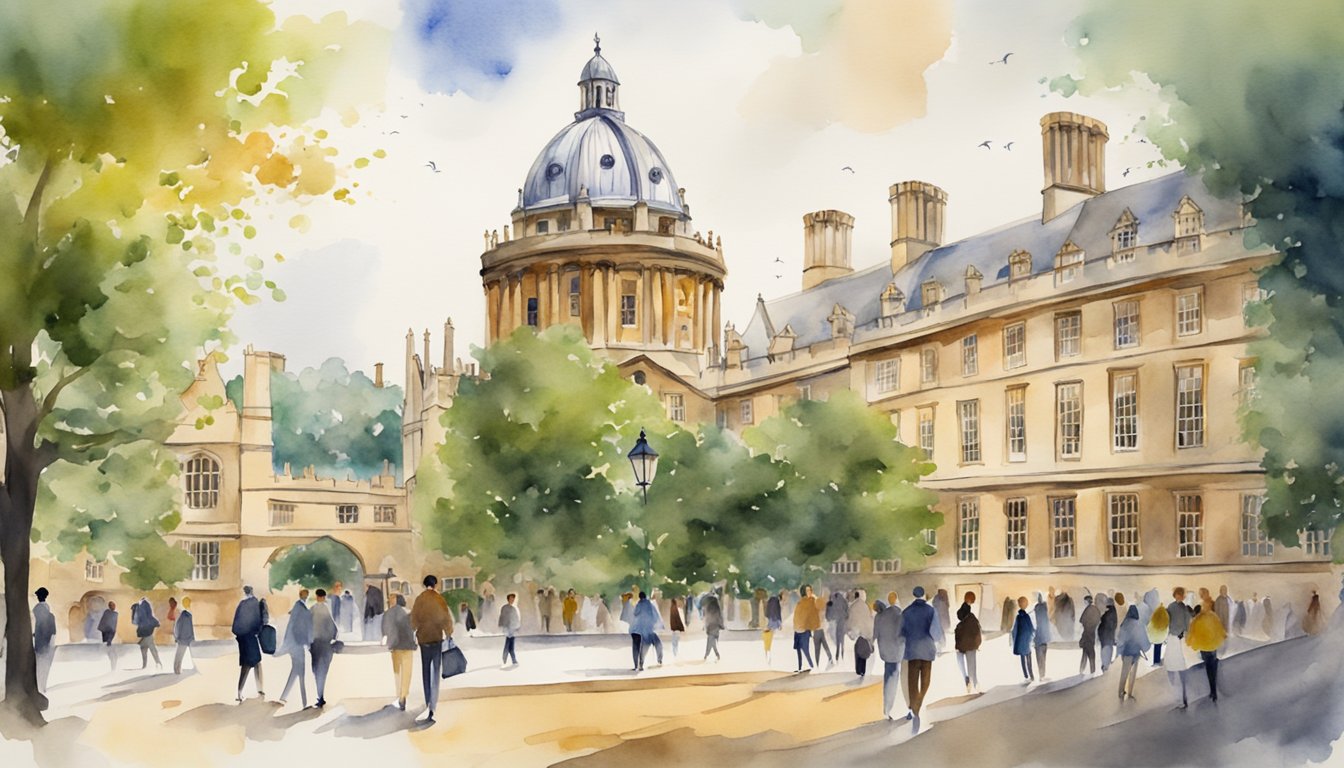 A bustling campus with the iconic architecture of the University of Oxford, surrounded by students and professionals engaged in online business courses