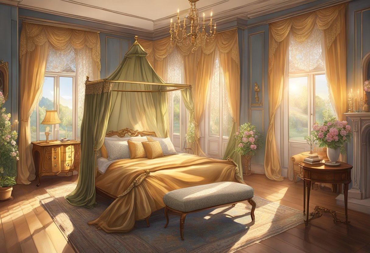 A cozy, opulent bedroom with a plush four-poster bed, elegant drapes, and a crackling fireplace. Sunlight filters through lace curtains, casting a warm glow on antique furniture and floral accents