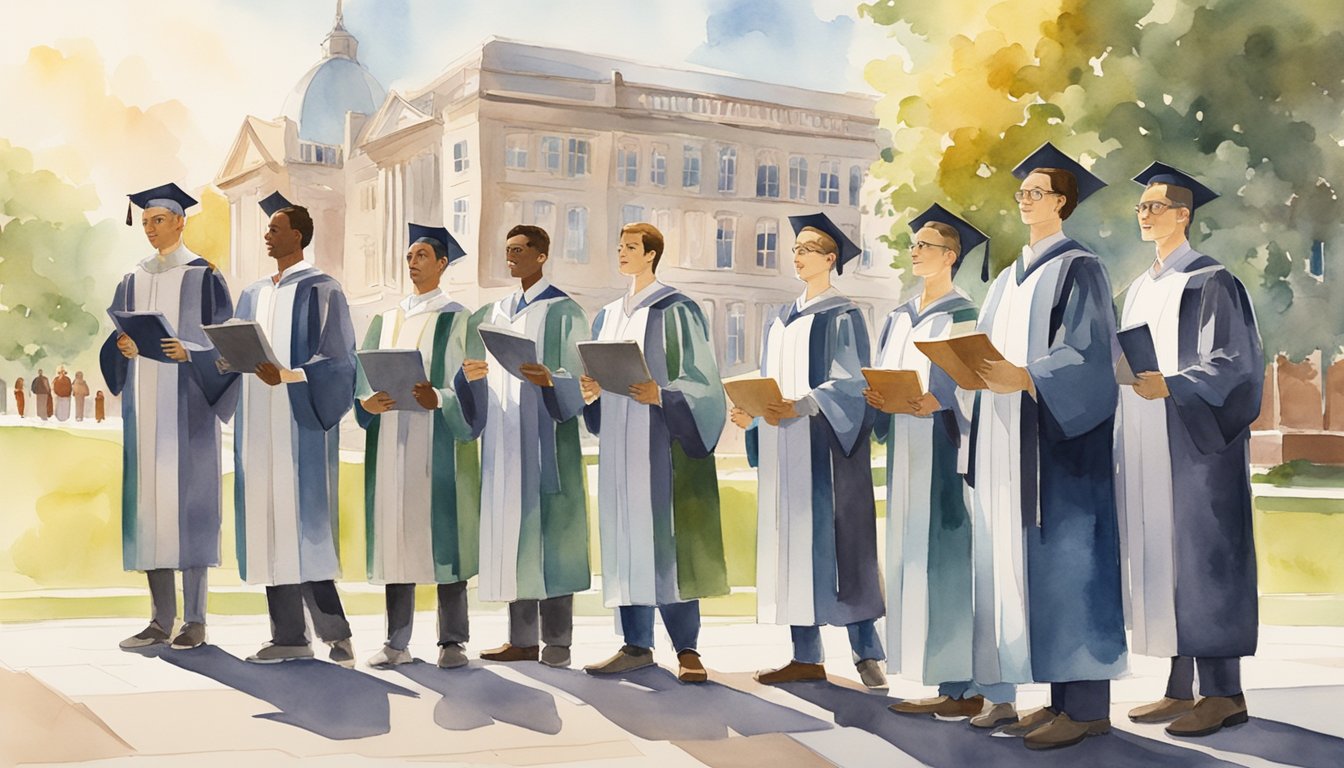 A group of engineers in graduation gowns holding diplomas, standing in front of a row of prestigious college buildings.</p><p>The sun is shining, and a sense of accomplishment and pride is evident on their faces