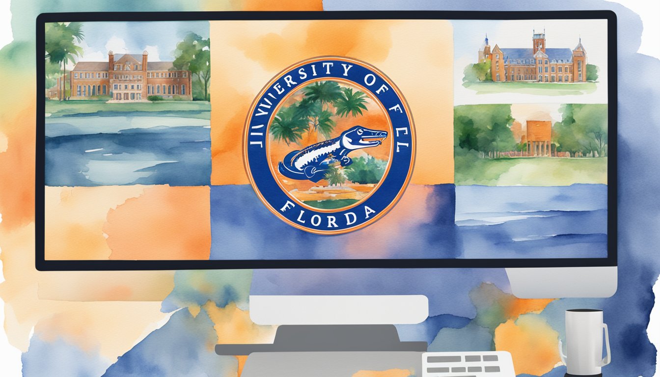 The University of Florida logo displayed prominently on a computer screen, surrounded by images of other top universities