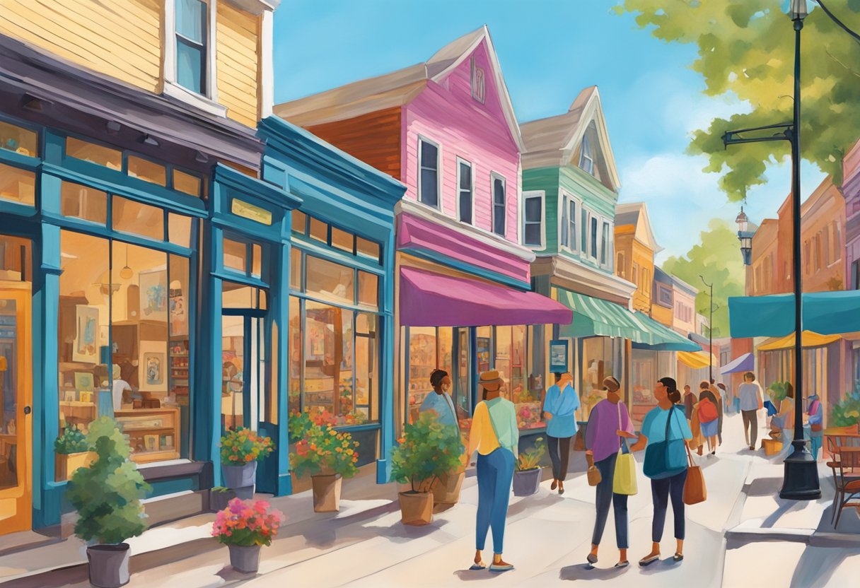 Vibrant storefronts line the charming main street, showcasing handmade crafts and local artwork. Visitors stroll past, admiring the colorful displays and stopping to chat with friendly shop owners