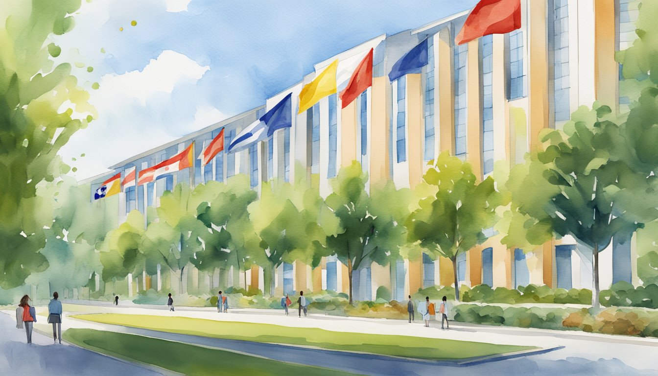 A row of modern university buildings with flags flying high, surrounded by lush greenery and a clear blue sky, showcasing the prestige and academic excellence of the top online degree programs in 2024