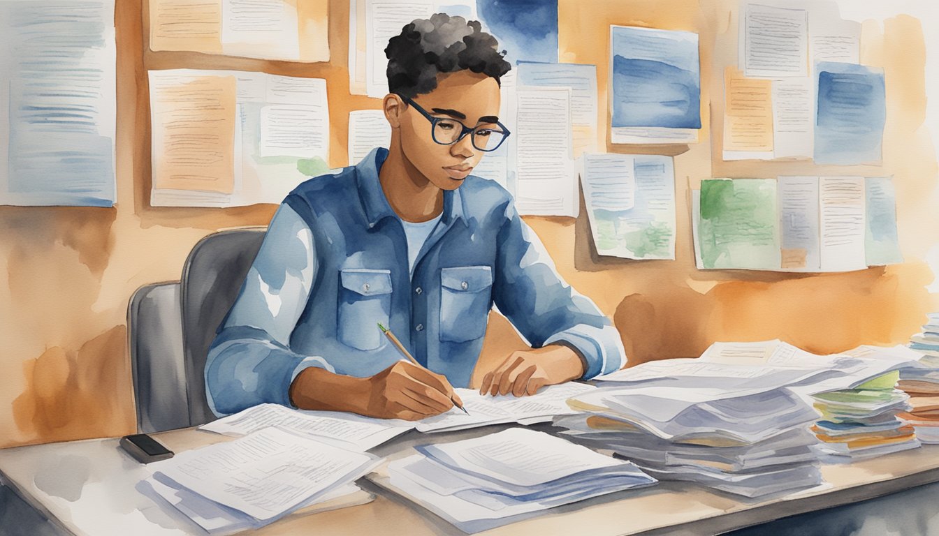 A high school student sits at a desk, surrounded by career interest assessments and counseling program brochures.</p><p>They are deep in thought, considering their future options