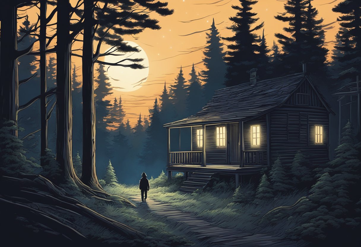 Dark forest at night, eerie glow from abandoned cabin, shadowy figures lurking, whispers of local legends in the air