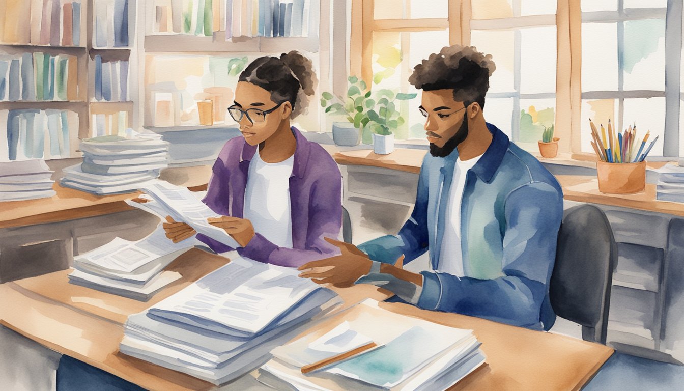 A high school student sits across from a career counselor, surrounded by informational pamphlets and resources.</p><p>The counselor gestures towards a list of career counseling programs, offering guidance and support