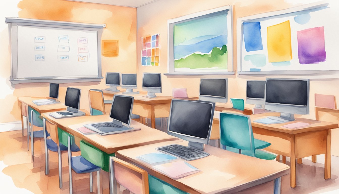 A colorful classroom with a computer, textbooks, and a whiteboard displaying "Babbel 8 Top-Rated Online Spanish Classes."