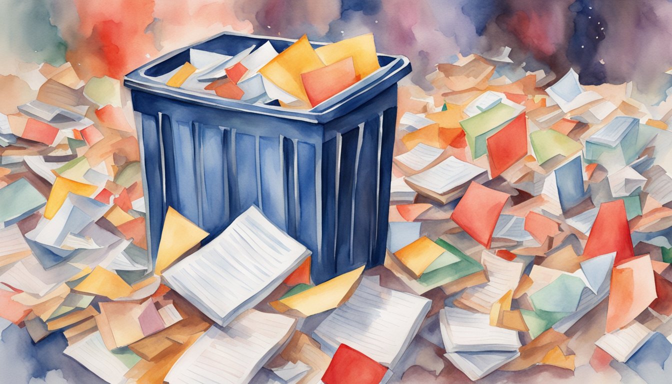 Students crumpling up papers with cliché essay topics.</p><p>Trash can overflowing.</p><p>Frustrated faces and scattered books.</p><p>A red "X" over generic topics