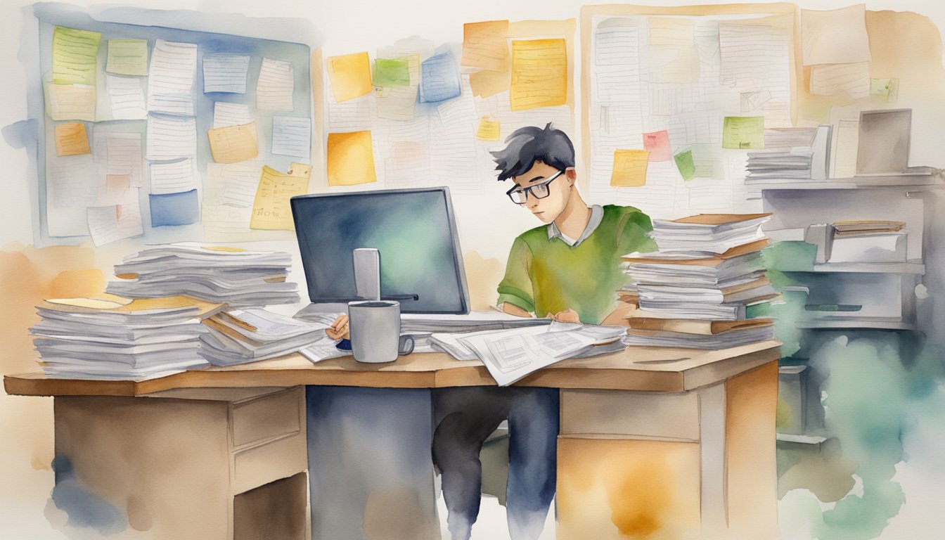 A cluttered desk with open college application forms, crossed-out mistakes, and a frustrated student staring at a computer screen