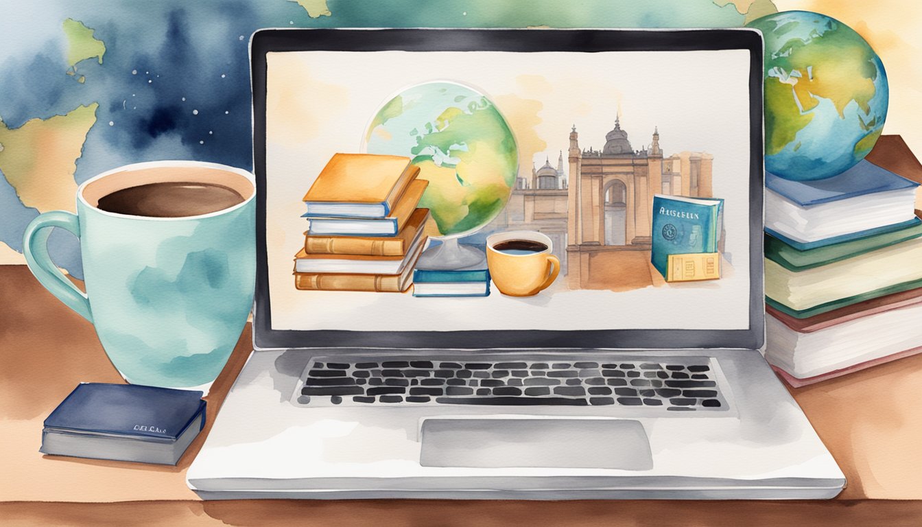 A laptop displaying top-rated Spanish classes, surrounded by books, a globe, and a cup of coffee on a desk