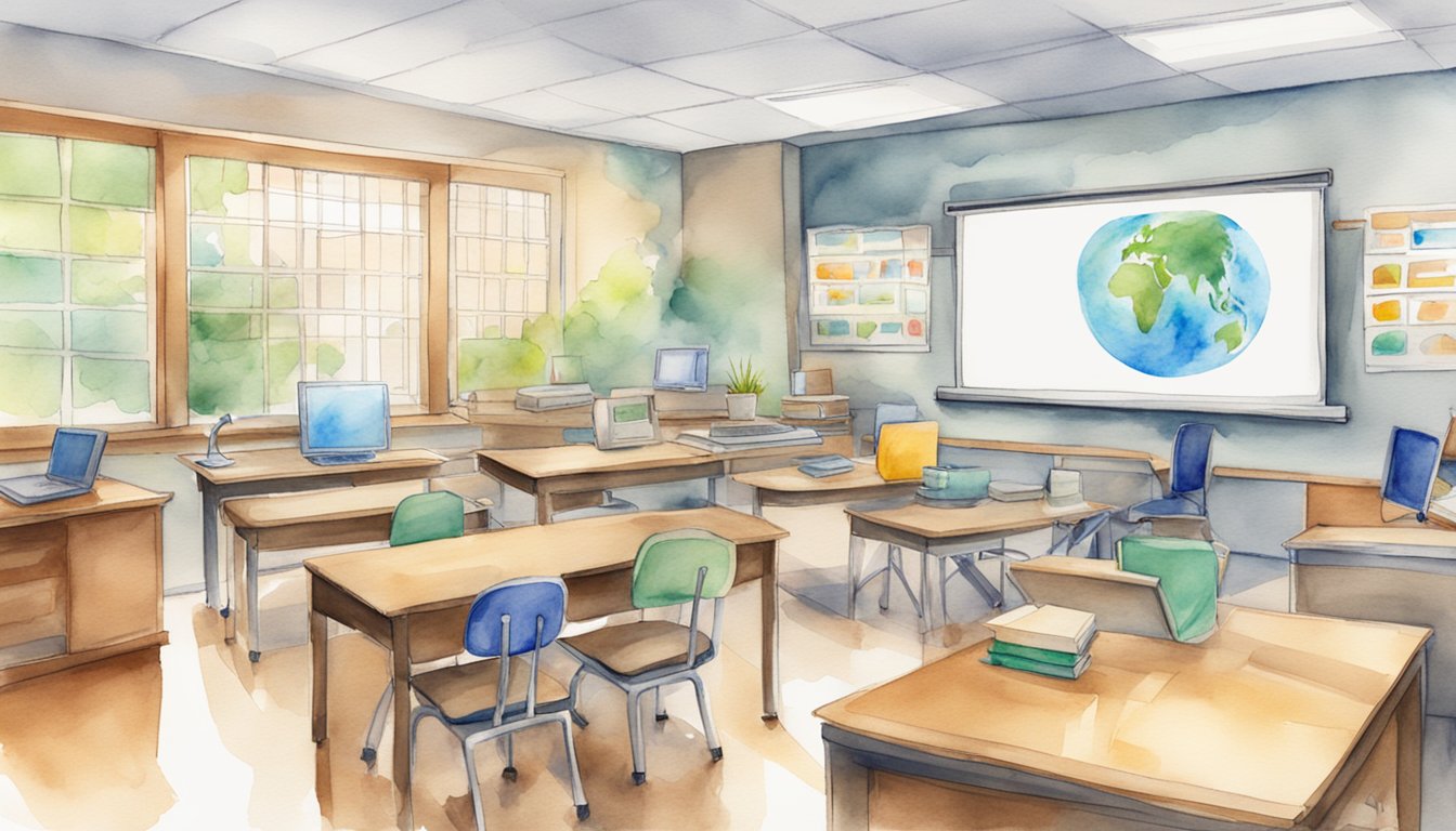 A classroom setting with various digital tools integrated into the curriculum.</p><p>A computer, tablet, interactive whiteboard, and other educational technology are visible