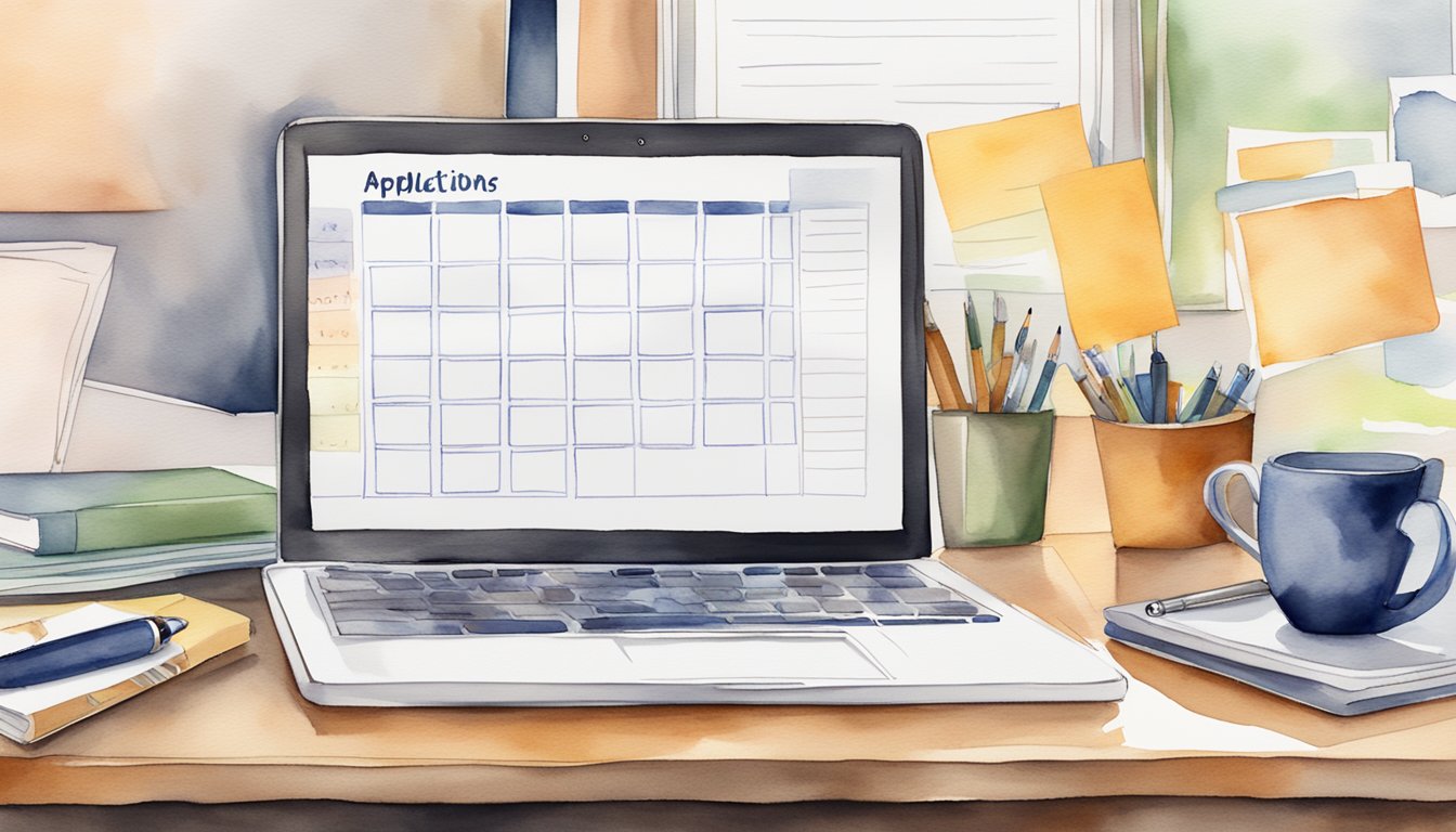 A calendar with highlighted deadlines, a laptop with college application websites open, a stack of application forms, a list of common questions, and a pen ready to fill out forms