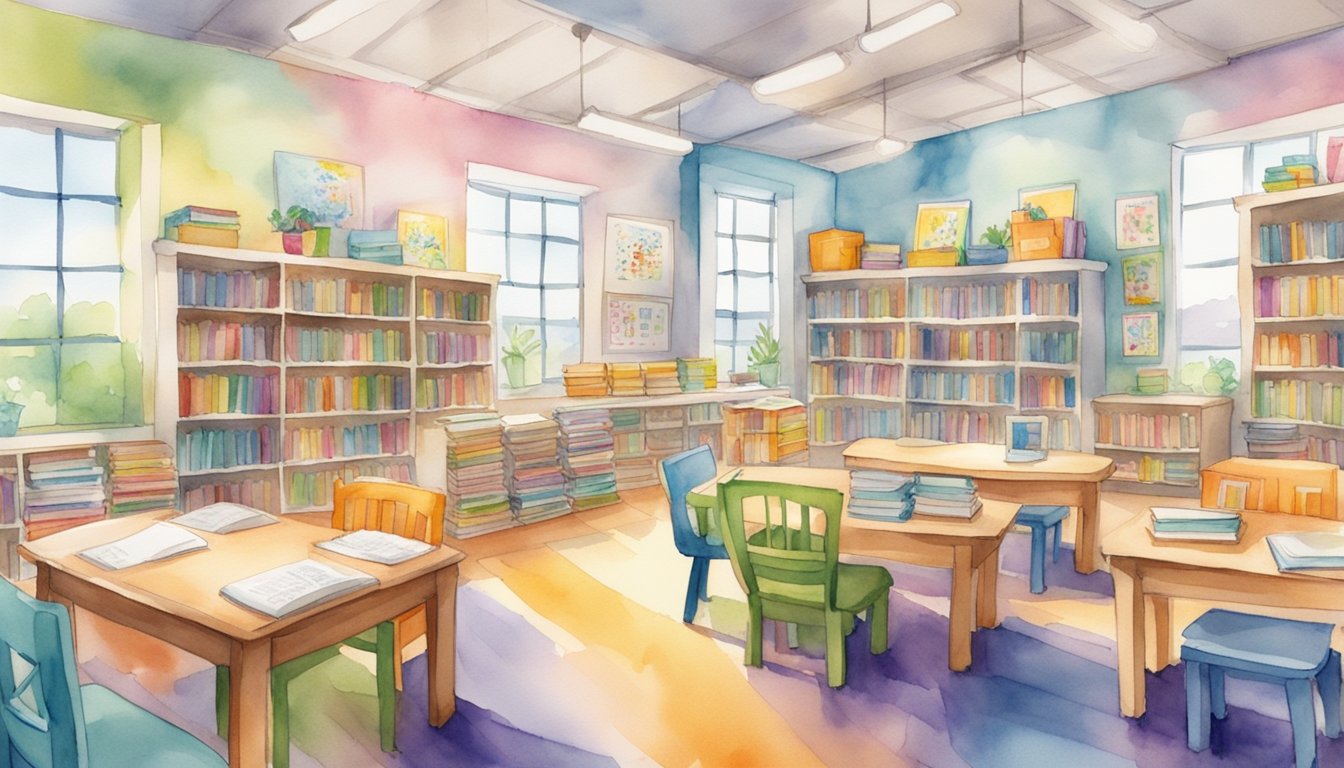 A bright and inviting writing center with colorful posters and shelves of books.</p><p>Eight writing tutors engage with elementary students in various activities