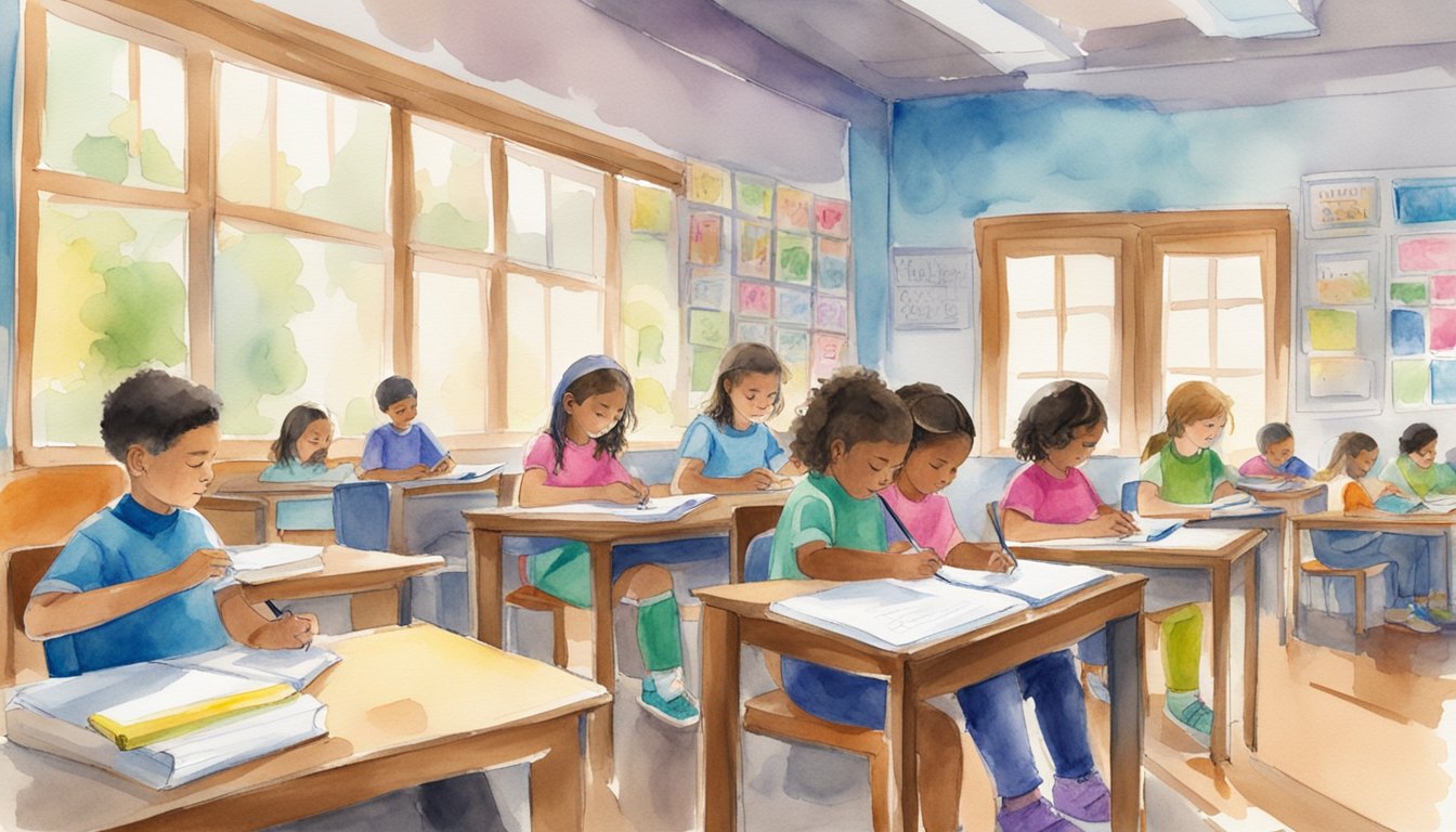 Elementary students sit at desks, writing with colorful pencils.</p><p>Writing tutors stand nearby, offering guidance and support.</p><p>The room is filled with creativity and learning