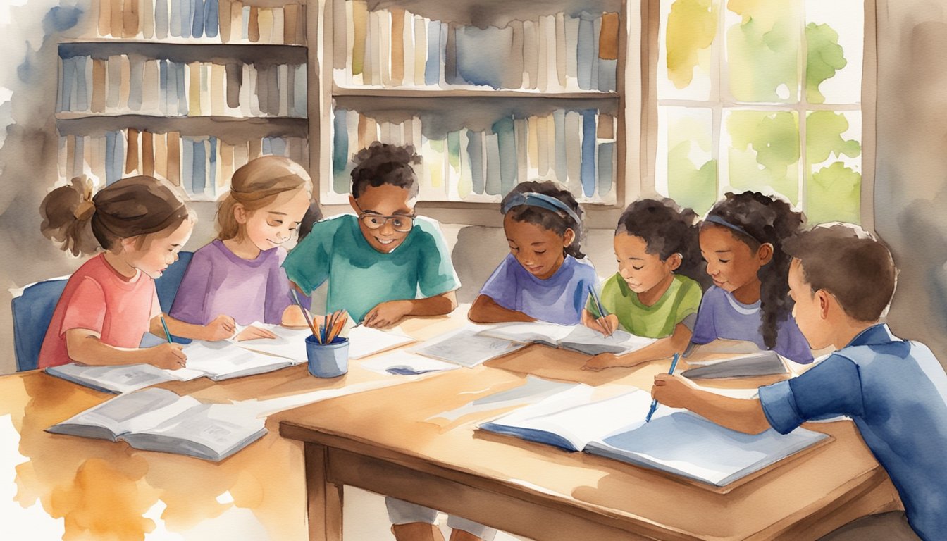 A group of eight writing tutors from Bright Futures Tutoring gather around a table, each with a different elementary student, providing personalized instruction and guidance