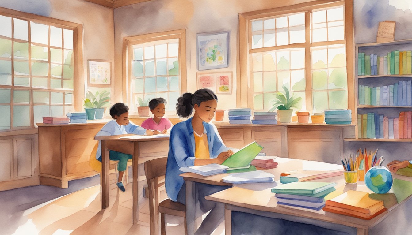 A cozy, well-lit tutoring room with colorful educational materials and a patient tutor guiding a student through dyslexia-specific learning activities