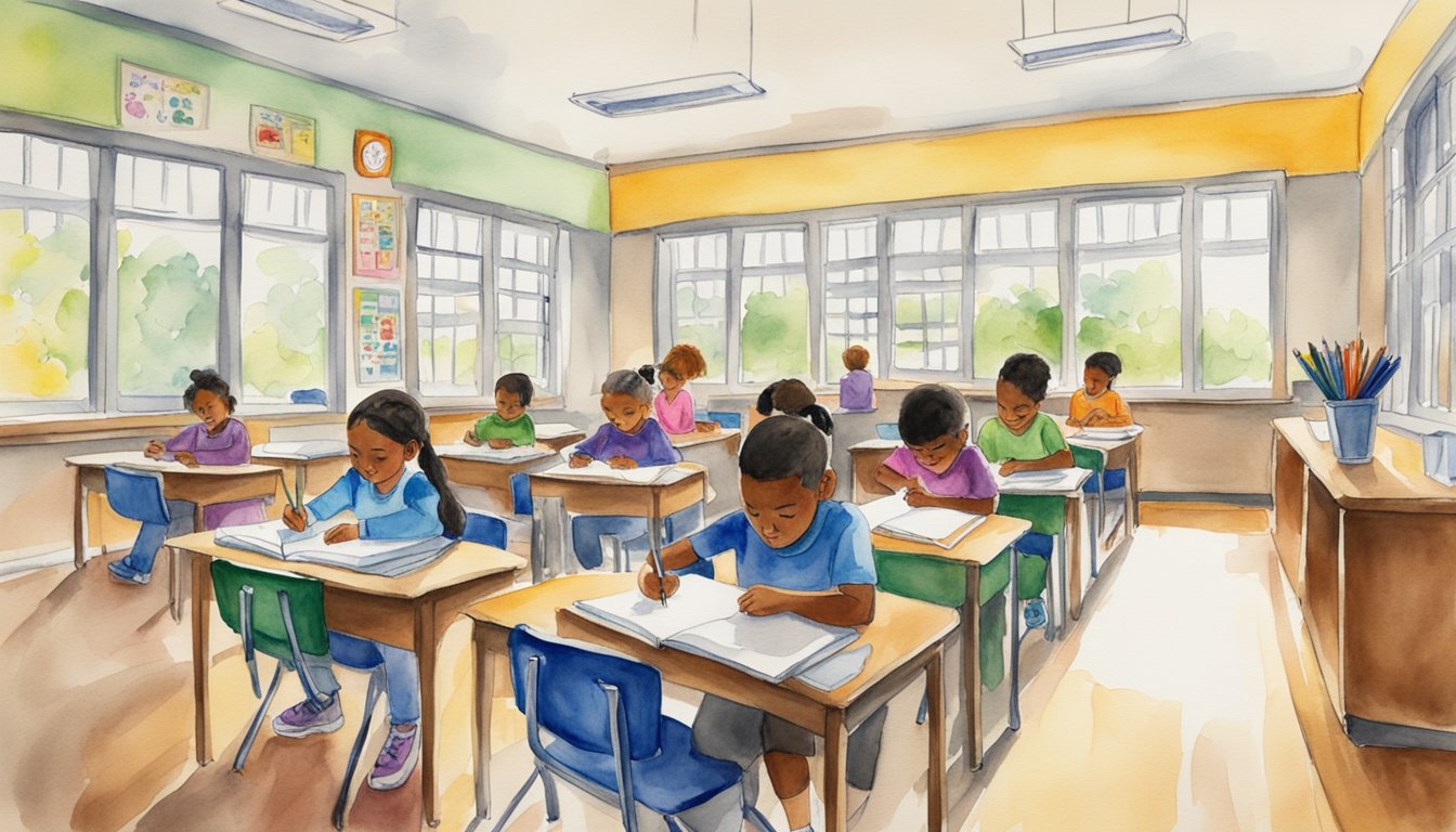 Elementary students sit at desks, eagerly writing with colorful markers.</p><p>Tutors circulate, offering guidance and encouragement.</p><p>The room is filled with energy and creativity