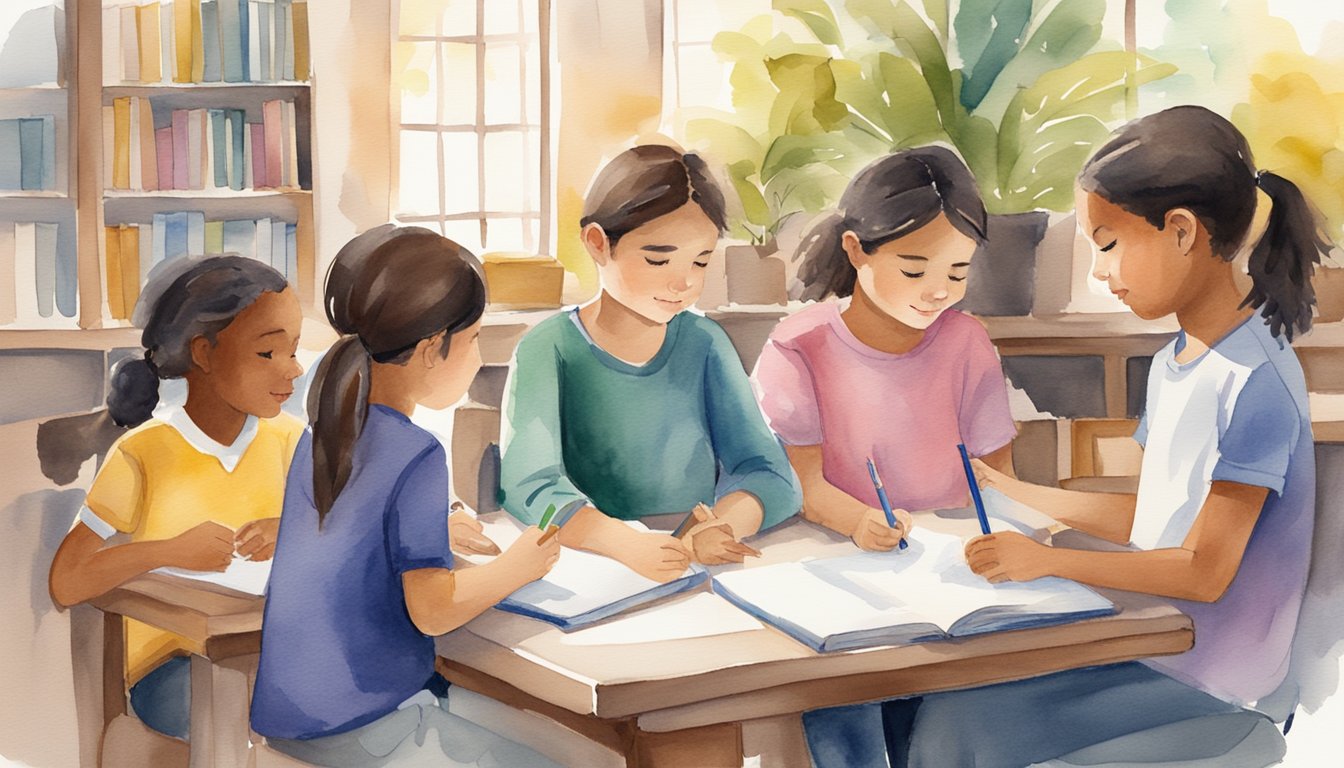 A group of young authors gather with writing tutors to help elementary students improve their writing skills.</p><p>The tutors guide the students through various writing exercises, creating an atmosphere of creativity and learning