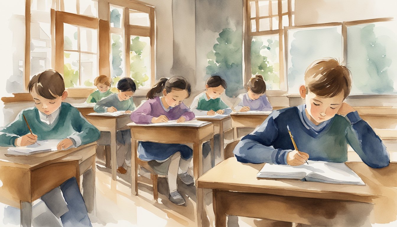 A group of young students sit at desks, eagerly writing in their notebooks.</p><p>In the corner, eight writing tutors assist them with their work