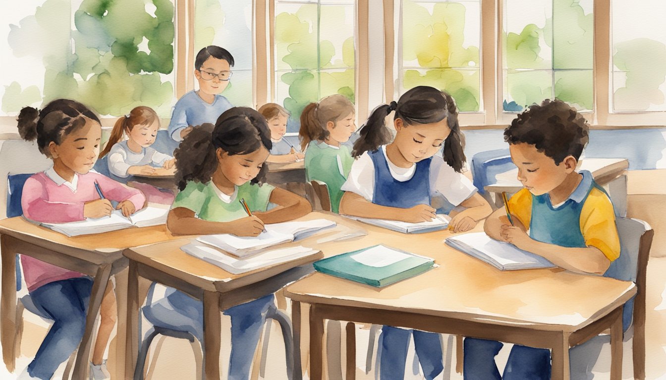 A group of elementary students sit at a table with writing tutors, engaged in writing activities.</p><p>The tutors provide guidance and support, while the students eagerly work on their assignments