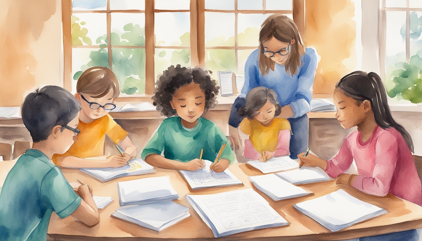 A group of elementary students surrounding a table, each with a different writing tutor.</p><p>The tutors are engaging the students in various writing activities, such as brainstorming, editing, and creative writing