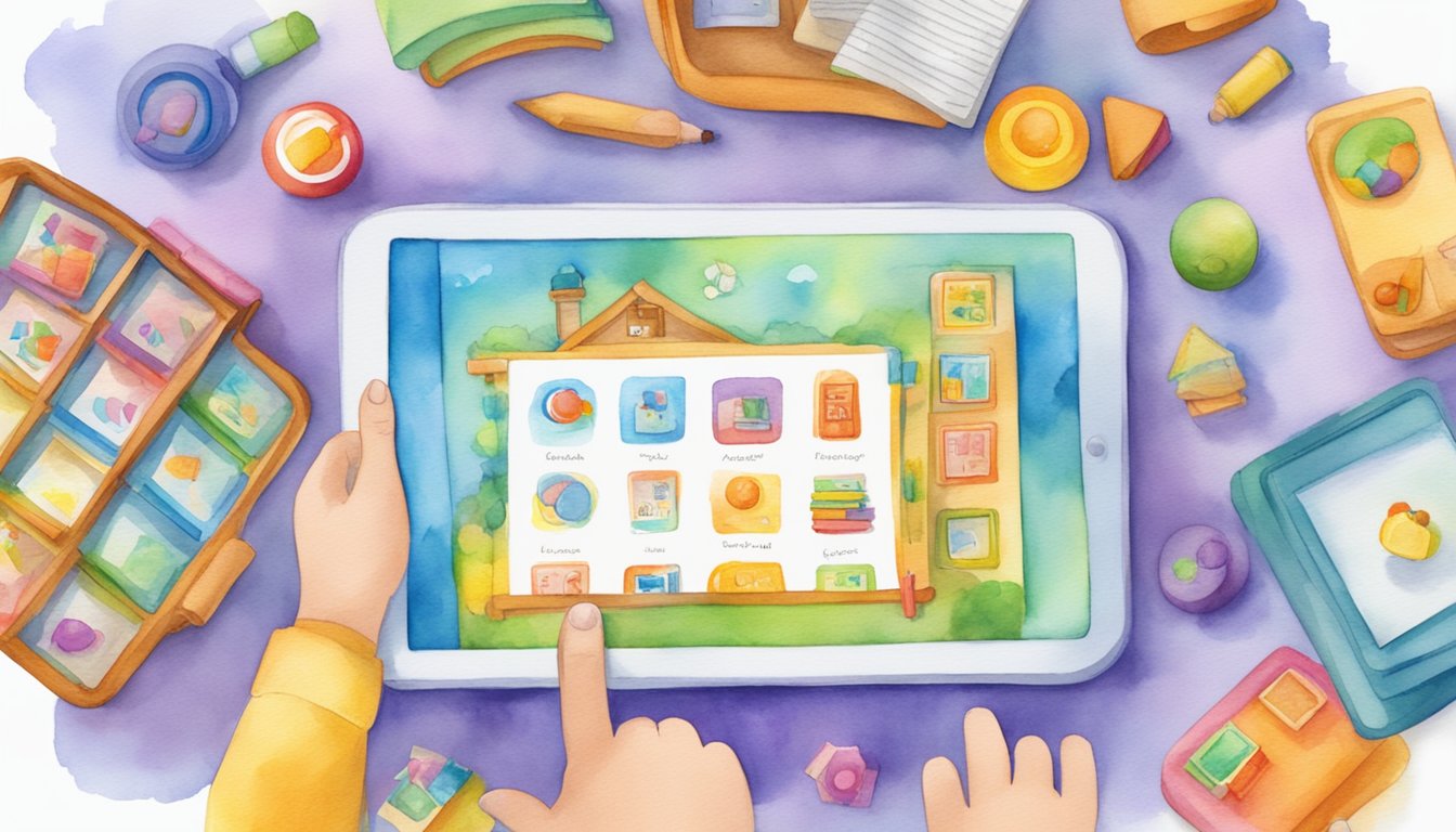 A colorful tablet displaying the Learn with Homer app, surrounded by books and educational toys, with a child's hand reaching out to touch the screen