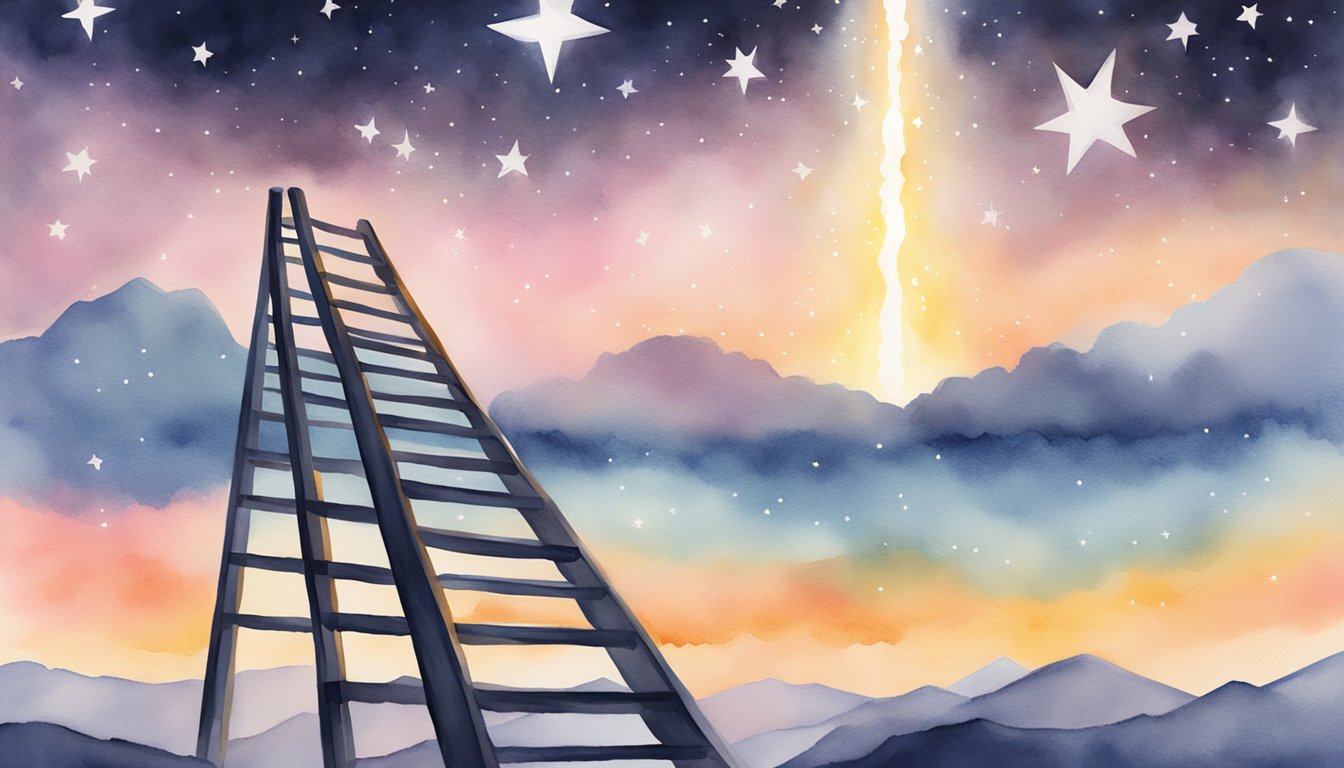 A ladder reaching towards a glowing light symbolizes career advancement.</p><p>Seven shining stars represent the benefits of attending online college