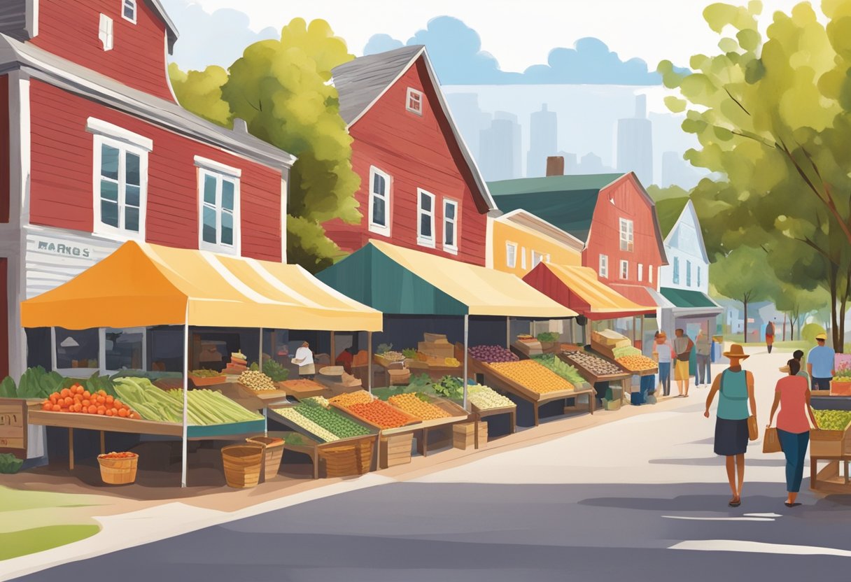 Vibrant farmers market with colorful handmade crafts and local produce, bustling with community members and visitors. Rustic barns and quaint storefronts line the streets, showcasing Ohio's thriving artisan scene