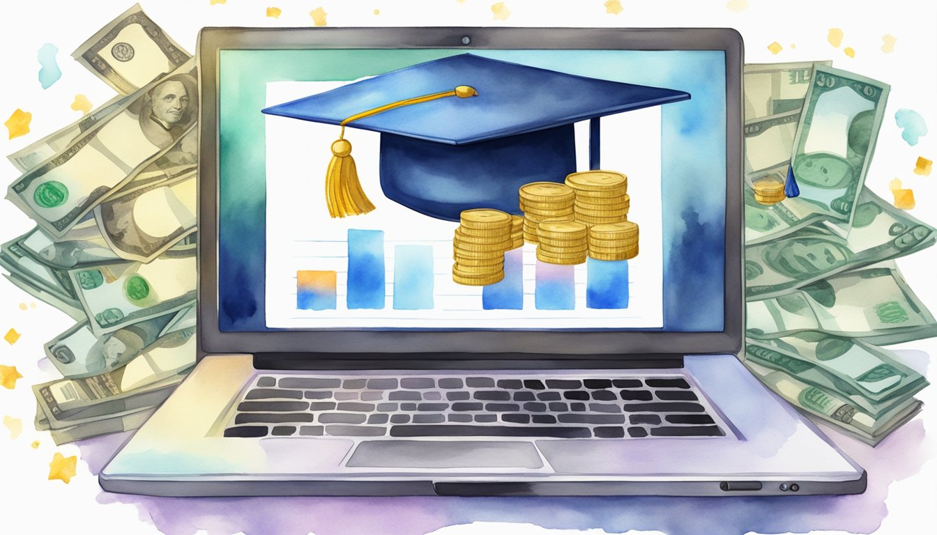 A laptop with a graduation cap on top, surrounded by money symbols and a calculator, with a chart showing cost savings