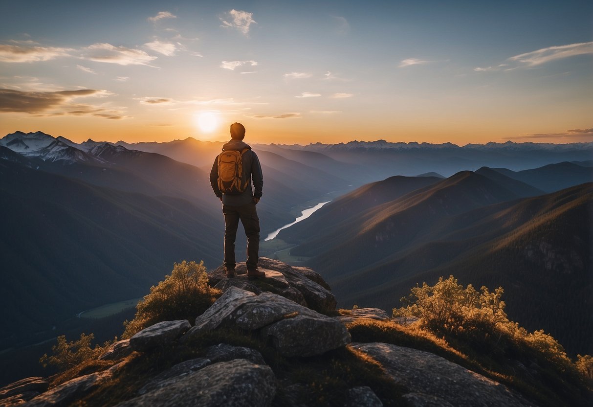 A lone traveler stands atop a rugged mountain peak, gazing out at a breathtaking sunrise over a vast, untouched wilderness. The landscape is filled with towering trees, winding rivers, and snow-capped peaks, inviting exploration and adventure