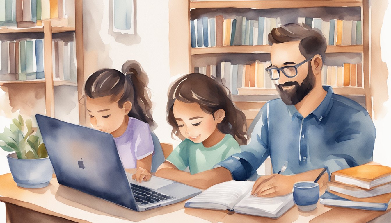 A family sits at a table, surrounded by books and educational materials.</p><p>A laptop displays homeschooling laws and essential resources