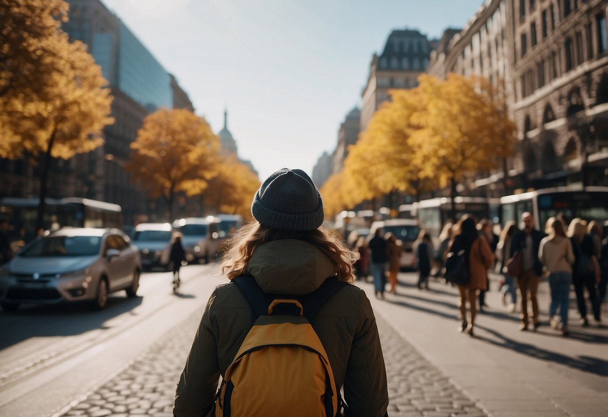 A young traveler explores a bustling city, navigating safely and connecting with locals. They embrace self-discovery in serene natural landscapes and vibrant cultural sites