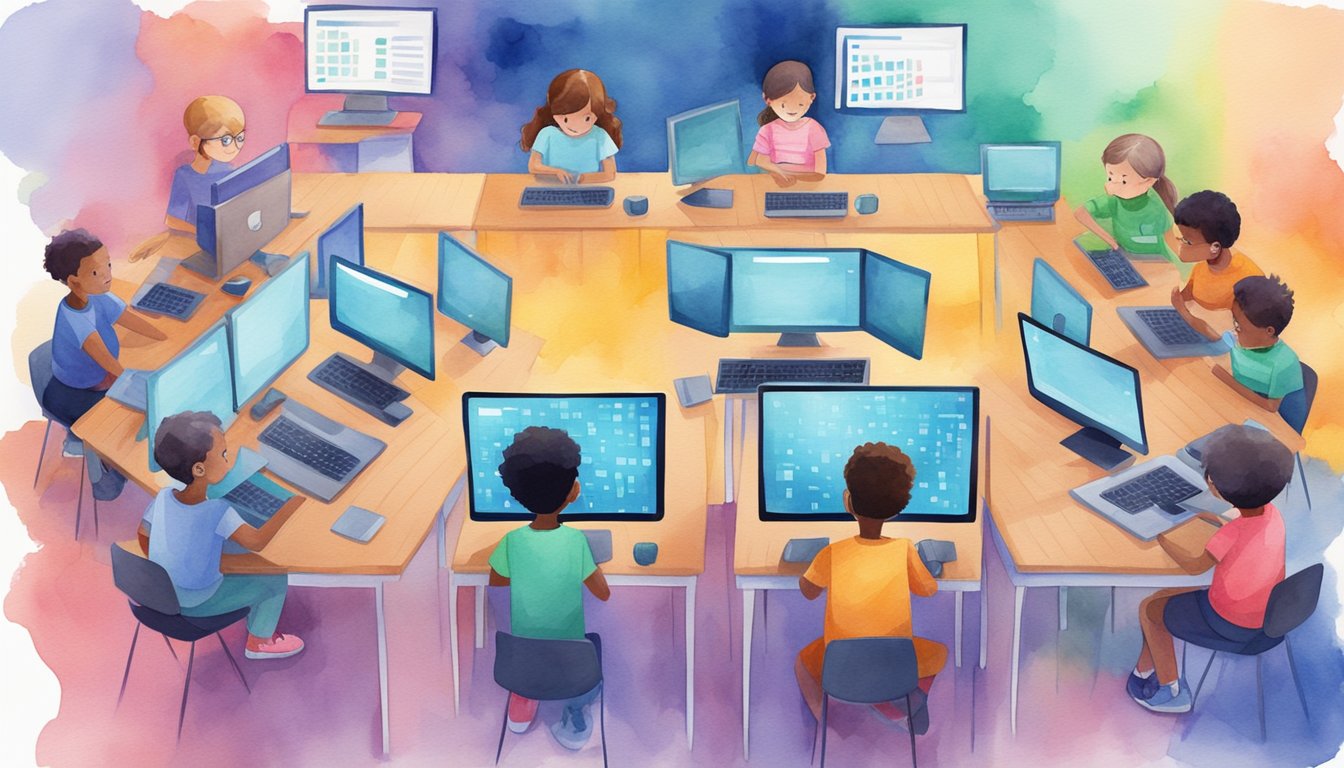 A group of young learners engage in coding activities on their computers, surrounded by colorful coding programs and tools