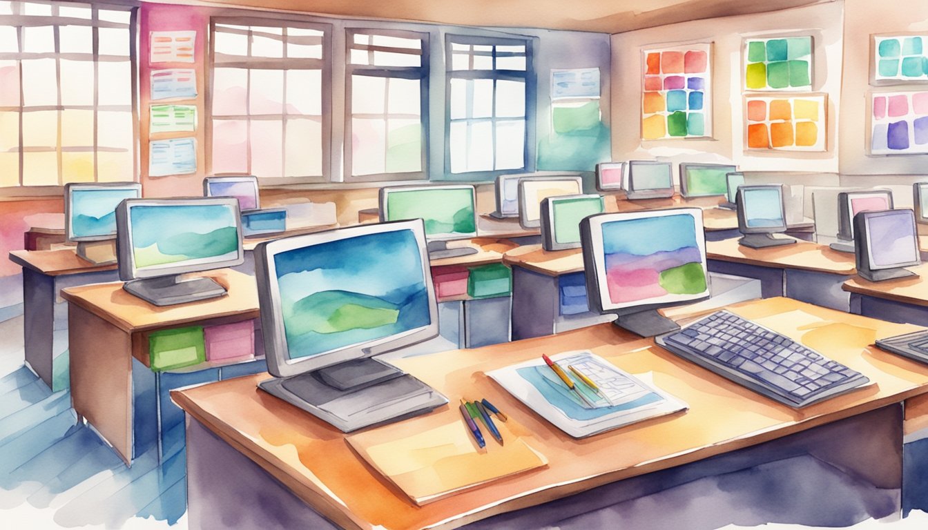 A colorful classroom with computers, tablets, and books.</p><p>A teacher's desk with a laptop and a whiteboard with educational charts and graphs